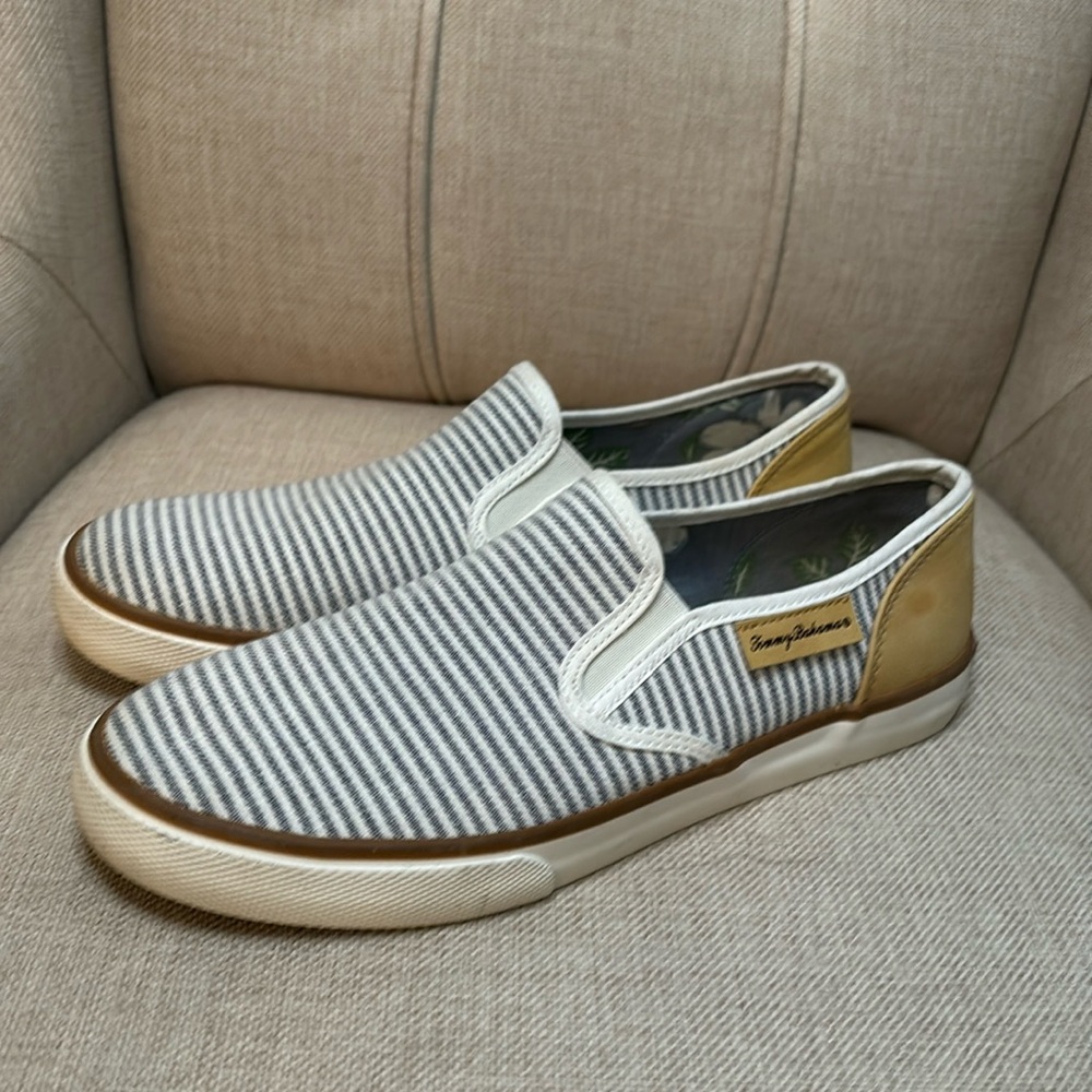 Tommy Bahama nautical stripe canvas slip ons